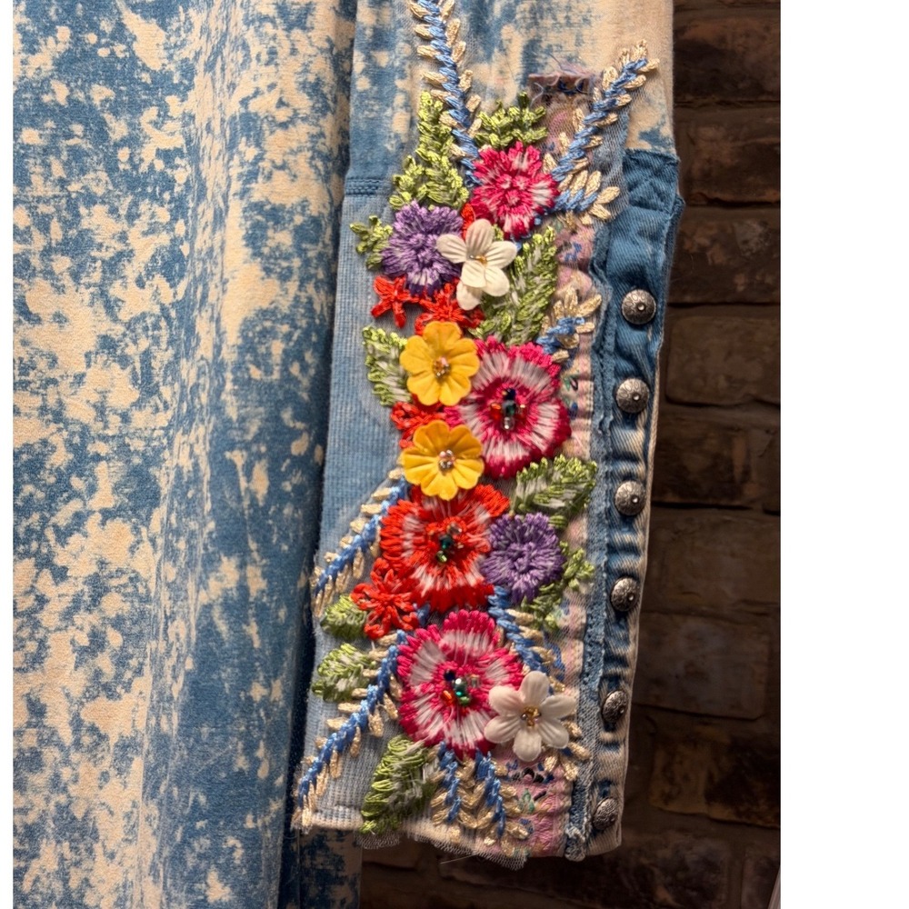 Aratta Silent Journey Blue Acid Wash Floral Embroidered Lace Back Maxi Dress S/M - Picture 2 of 6